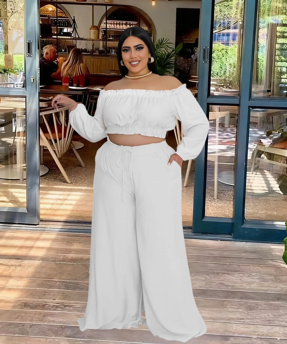 Two Piece Sets For Women Going Out Long Sleeve Off Shoulder Crop Top Wide Leg Pants Set Vacation Birthday Party Outfits - Image 6