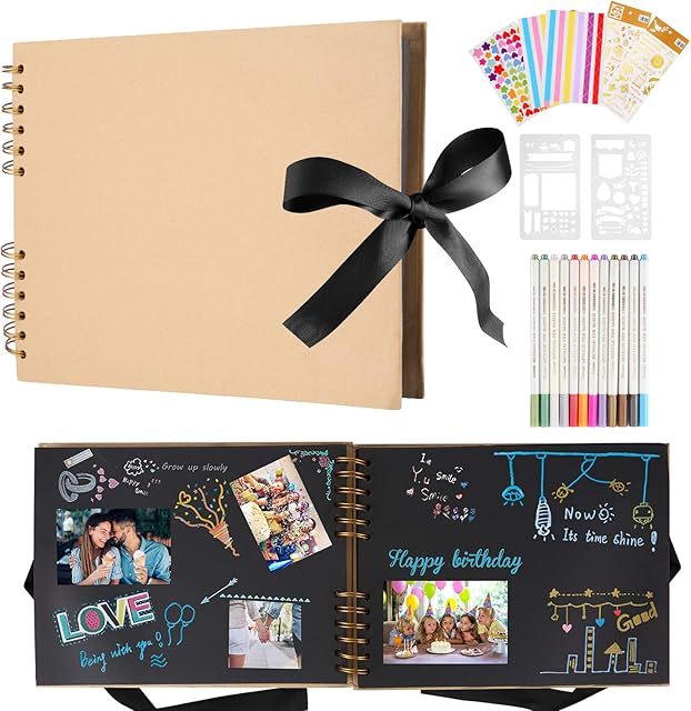 Scrapbook Photo Album 80 Black Pages Memories Photo Albums Customizable, 11.3 X 8.4 Inch Scrapbooks DIY Photo Album for Baby Child, with 12 Metallic Marker Pens, for Family, Wedding Memory Book