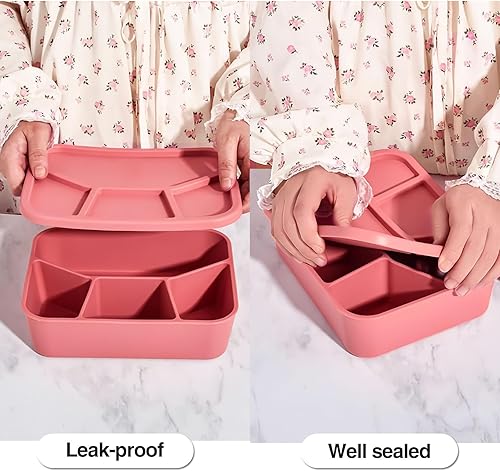 Miniatura 3 de AROCFTIE Caja Bento de silicona, 4 compartimentos, caja de almuerzo de silicona de grado alimenticio con tapas, recipientes de almuerzo a prueba de