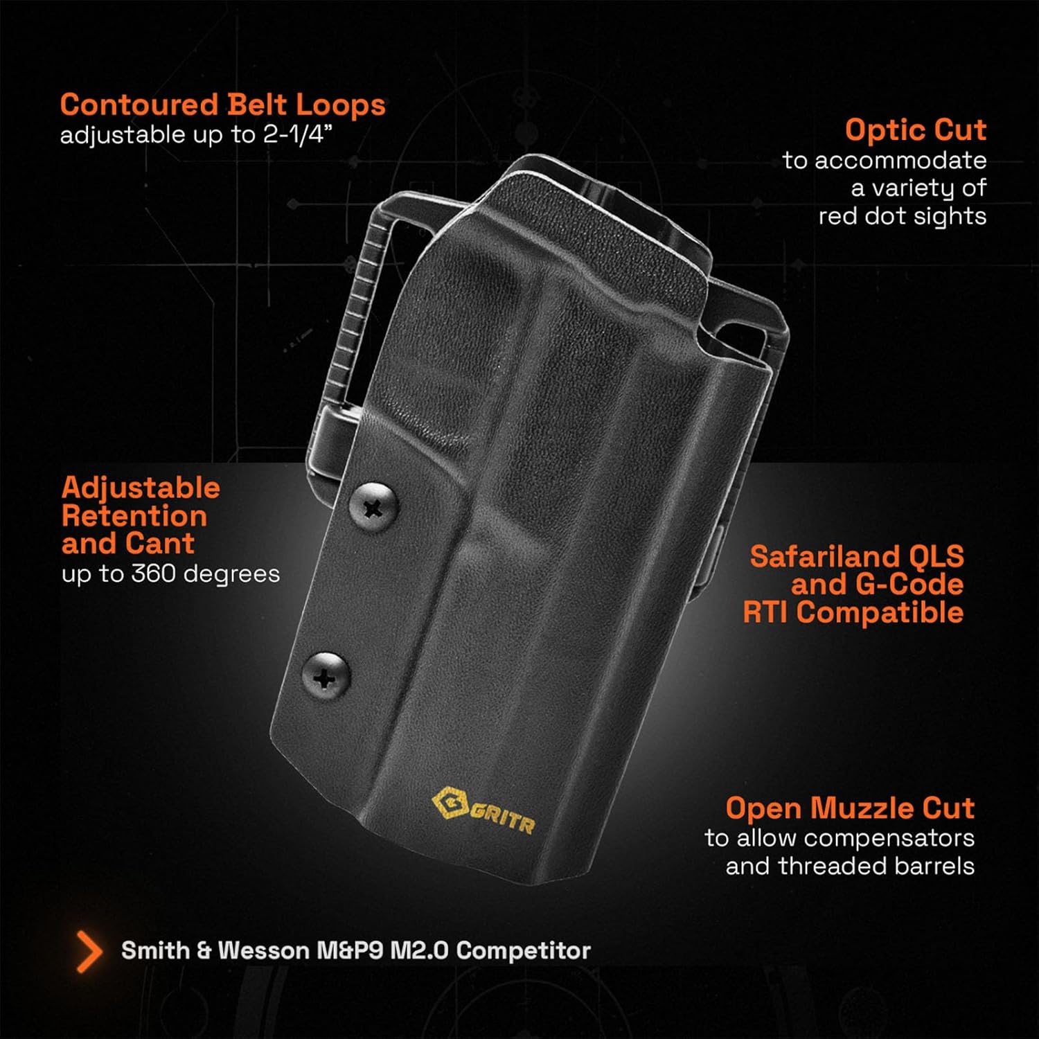 GRITR OWB Kydex Gun Holster Fits Smith & Wesson M&P9 M2.0 Competitor - Pistol Accessory w/Optic Cut, Adjustable Retention & Cant, Compatible with Safariland QLS/G-Code RTI Attachments