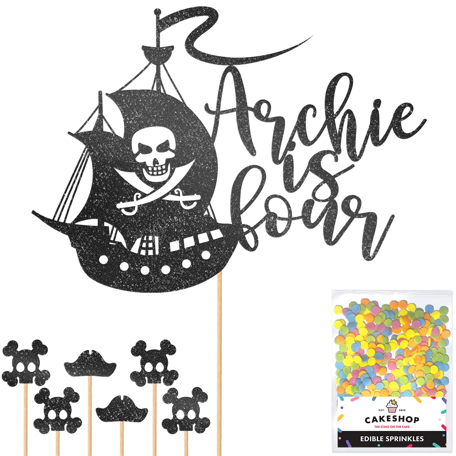 Personalised Birthday Pirate Ship Glitter Cake Topper- Black Any Custom Age & Name Glitter Cake Decoration and Sprinkles - Happy Birthday Decorations - Personalised Toppers for Cakes by Cakeshop — image 1