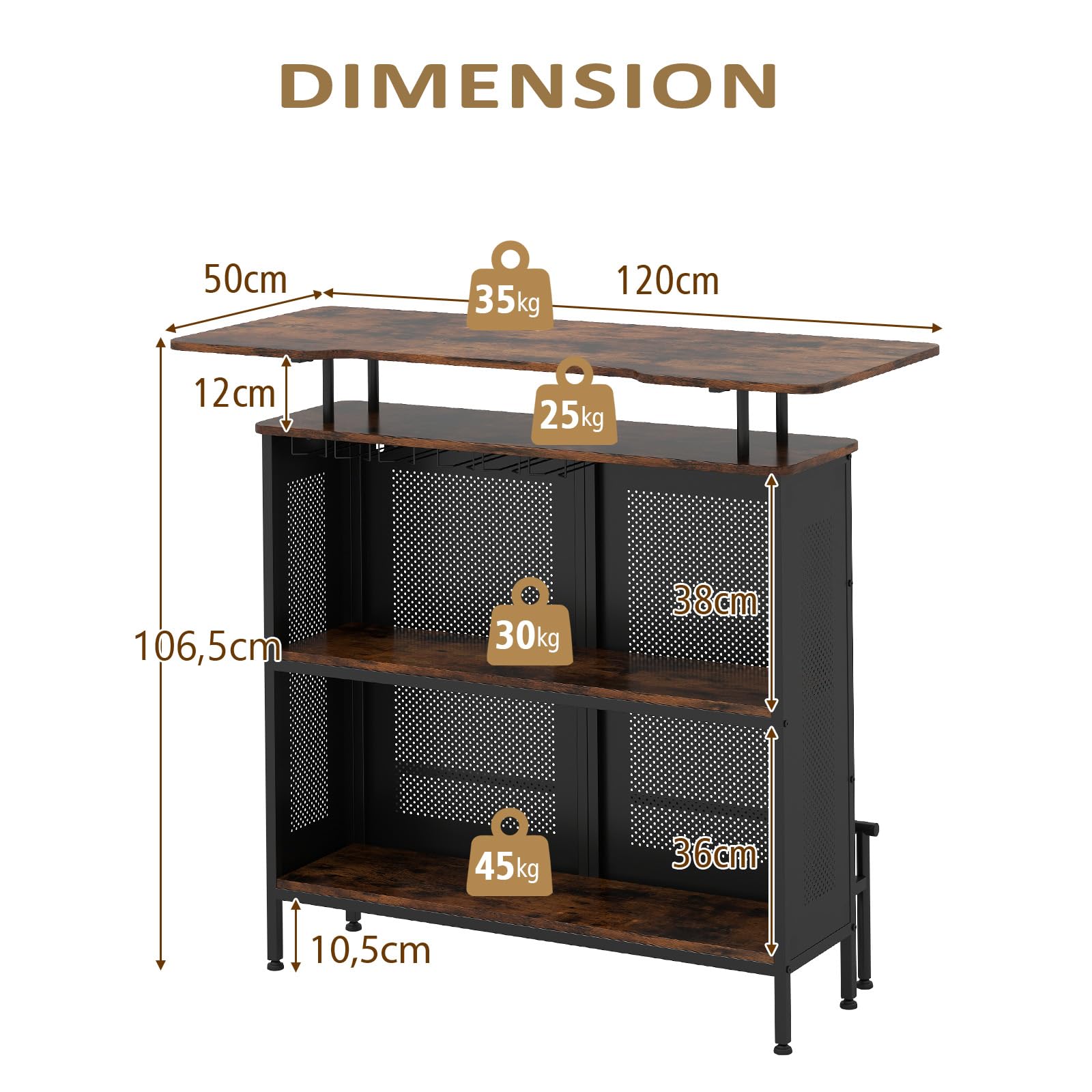 KOMFOTTEU Table de Bar avec 1 Étagère surélevée et 6 Porte-gobelets, Table à Vin à 4 Niveaux, Tables pour Boire Cuisine, Repose-Pieds, Style Industrielle, noir, 120 x 50 x 106,5 cm (Rectangulaire 2.0)