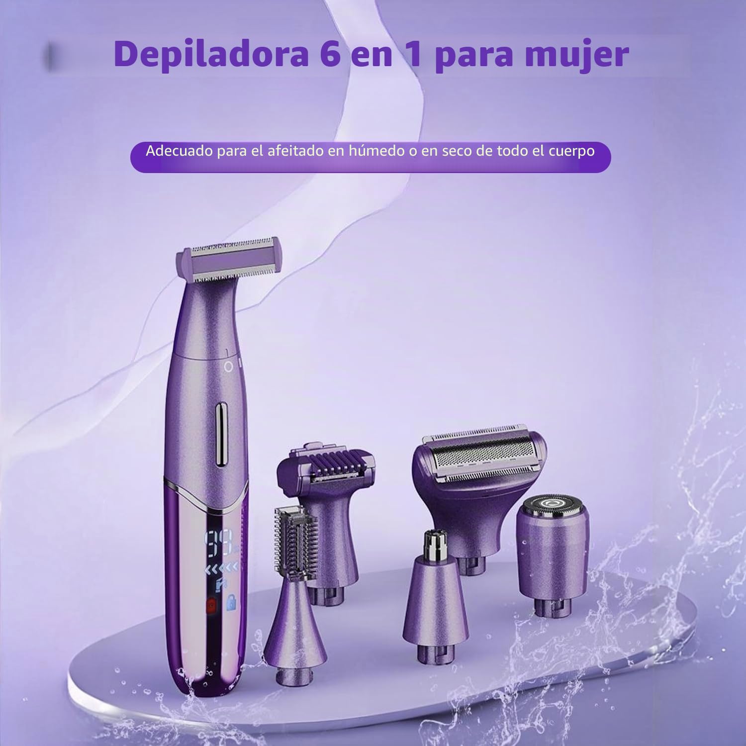 Afeitadora Mujer, 6 en 1 Kit Afeitadora Eléctrica para Cara, Cuerpo, Cejas y Zonas Íntimas, Indoloro Depiladora Mujer Uso en Seco y Húmedo, IPX5 Impermeable, USB Recargable, Morado