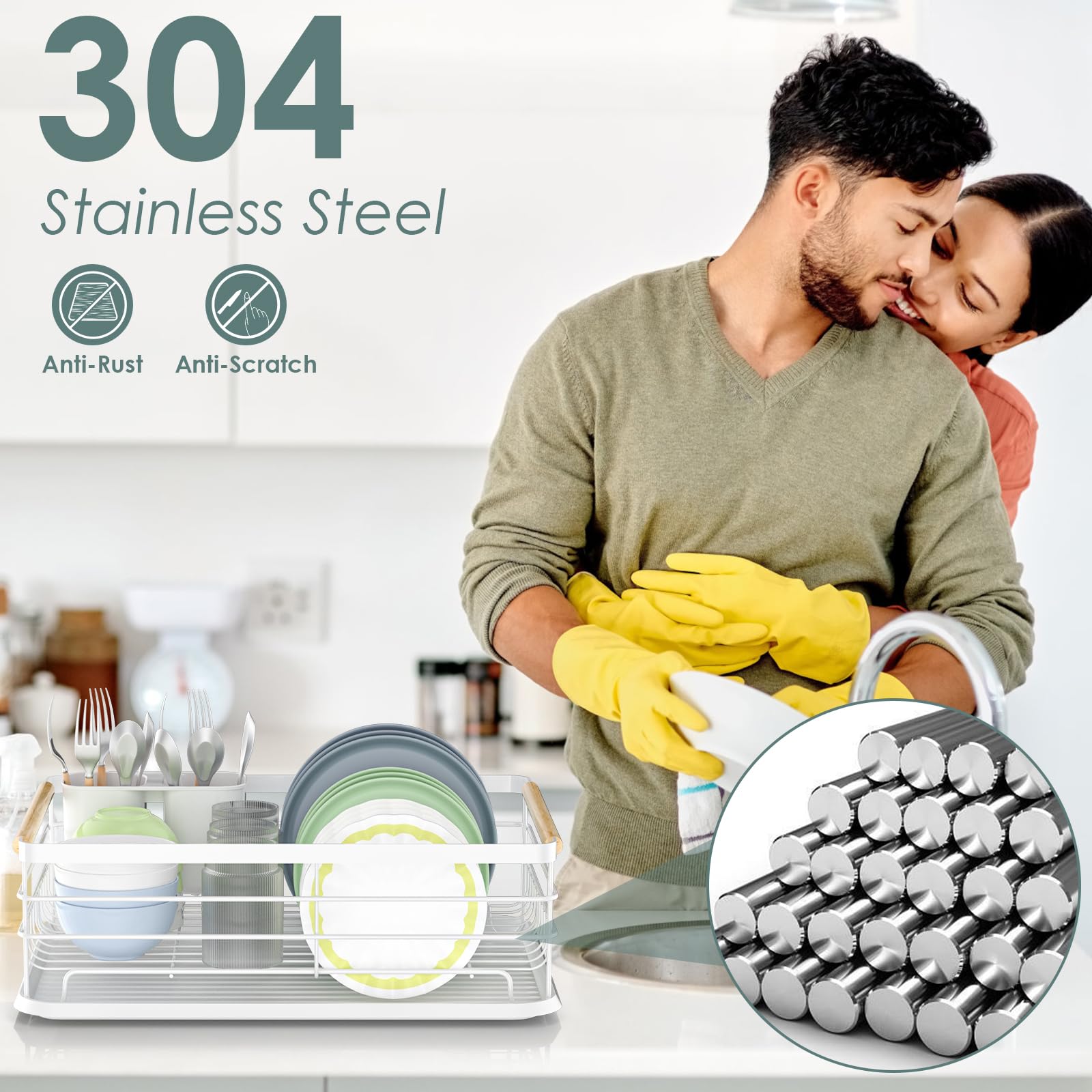 Dreamhigh Escurridor de Platos, Escurridor de Platos para Fregadero con Bandejas de Goteo Extraible,Soporte de Cubiertos, Soporte de Vaso, Apto para Familia de 3-5 Personas