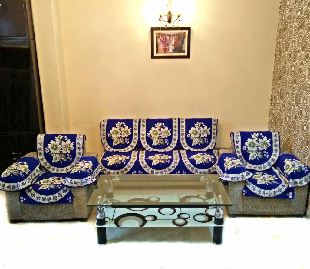 SHC Gold Lily Blue Polycotton Sofa Slipcover Set With 6 Arms Cover