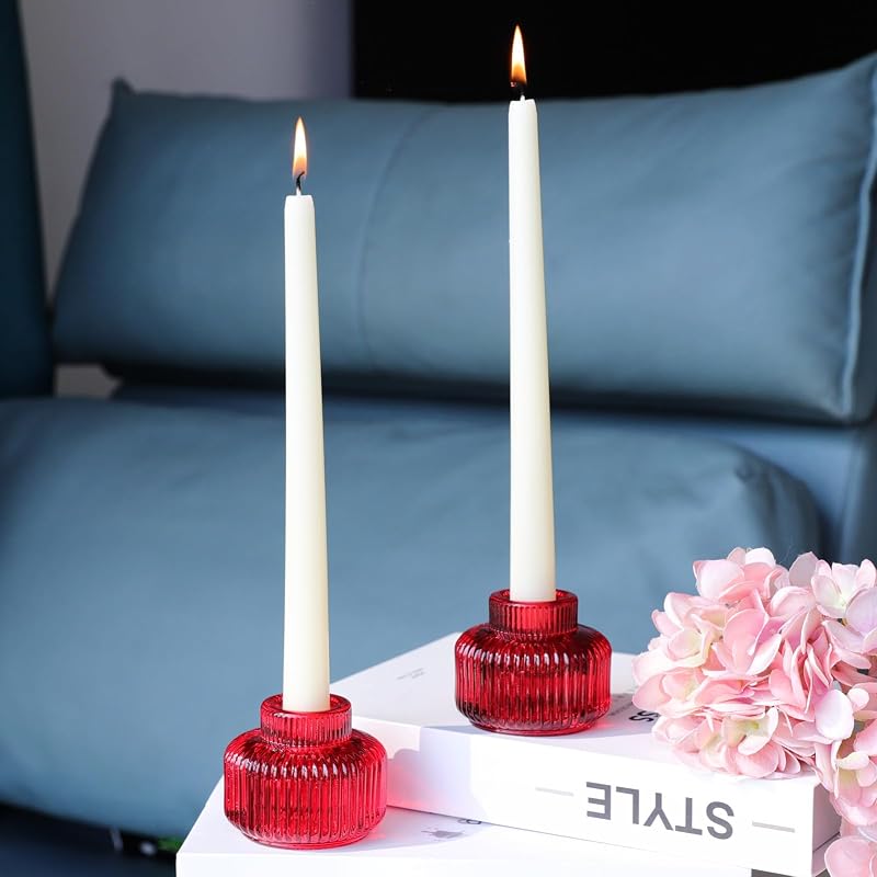 Woho Red Ribbed Taper Candle Holders Set of 4 for Christmas Decorations | 4 Pack Reversible Glass Candlestick Holders for Wedding Table, Vintage Candle Sticks Holder Decor for Valentines Day Decor