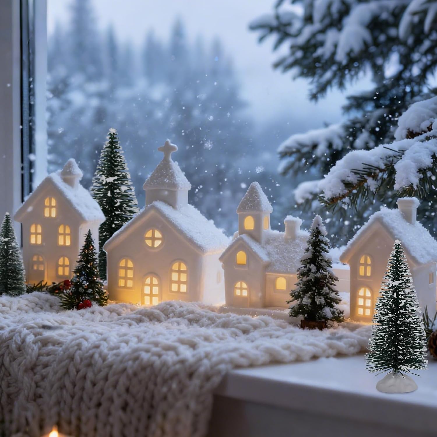 9 Pcs Light up Christmas Village Set of 4 Lighted Ceramic Houses & 5 Xmas Trees, Winter White Glazed Porcelain Holiday Xmas Tabletop Decorations