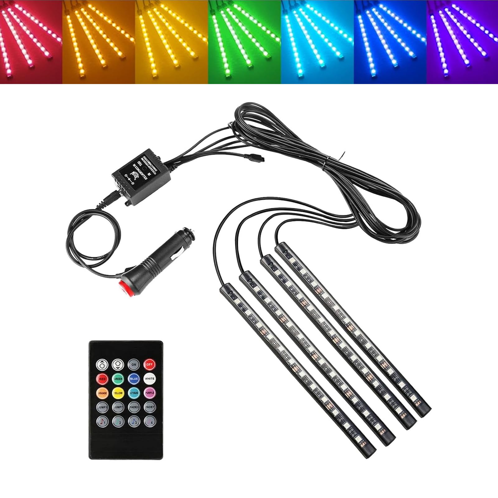 Slykew 4 PCS Multicolored Car, Truck, SUV LED Ambient Lights with Remote Control, Music Light Strip, Vehicle Decorative Lights, Night Lighting Kits