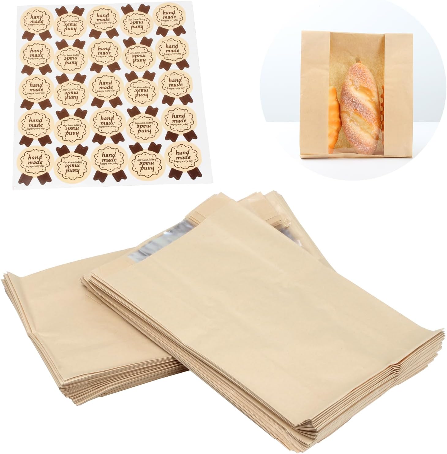 Paquete de 100 bolsas grandes de papel para pan casero, bolsas de panadería con ventana para almacenamiento de envases de alimentos horneados,