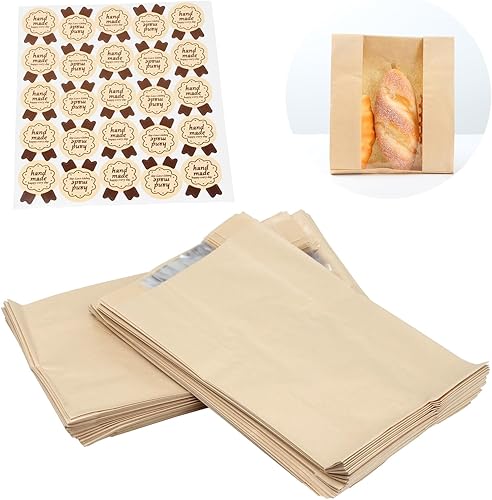Paquete de 100 bolsas grandes de papel para pan casero, bolsas de panadería con ventana para almacenamiento de envases de alimentos horneados,