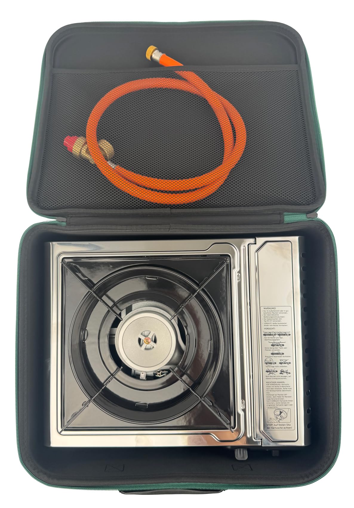 GARDINGER einflammiger Butangaskartuschenkocher Safety Camp Allgas mit Piezozündung Flammenüberwachung und Adapter-Schlauch