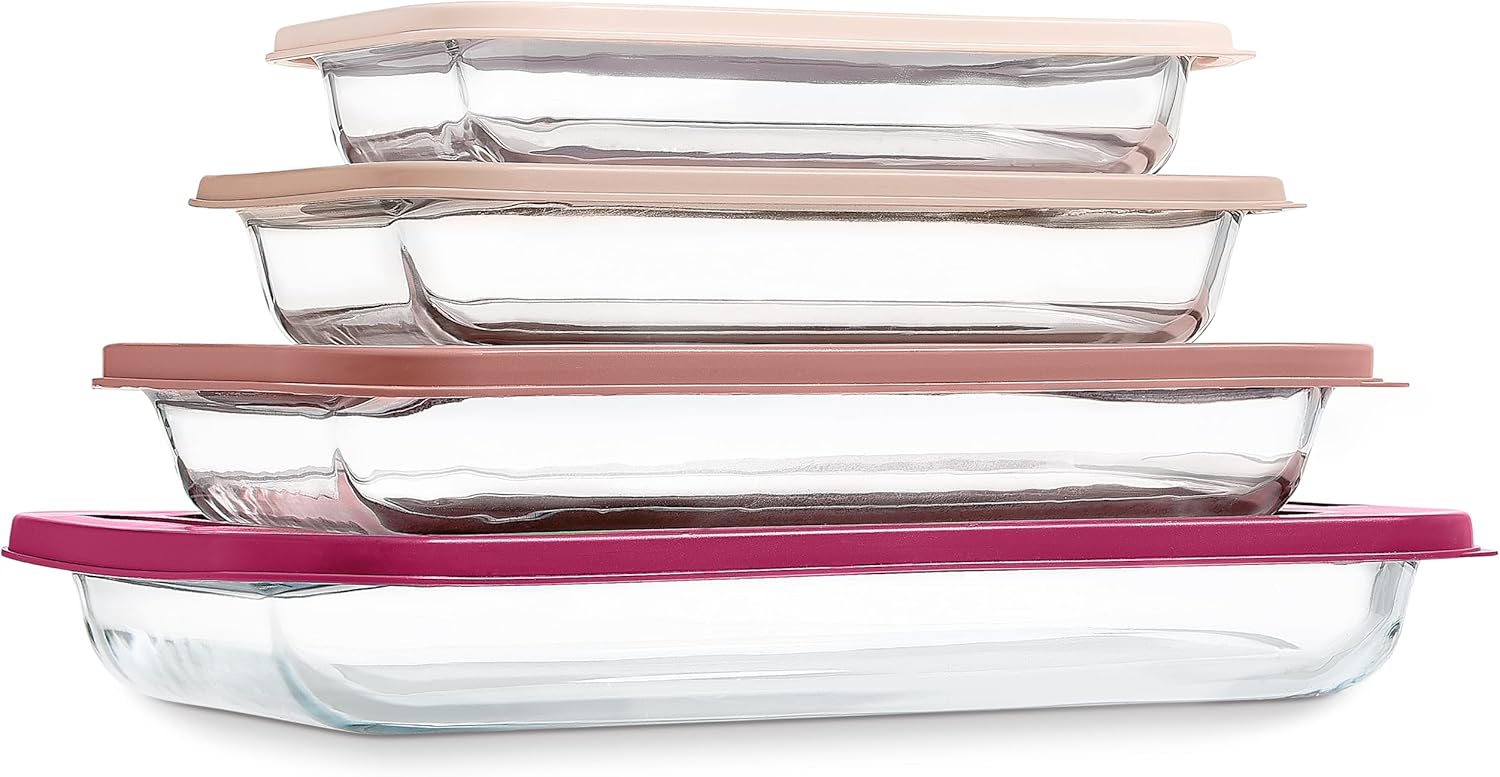 COOK WITH COLOR 8-Piece Deep Glass Baking Dish Set with Plastic Lids – Casserole and Food Storage Containers for Lasagna, Leftovers – Freezer-to-Oven, Microwave & Dishwasher Safe, Rose