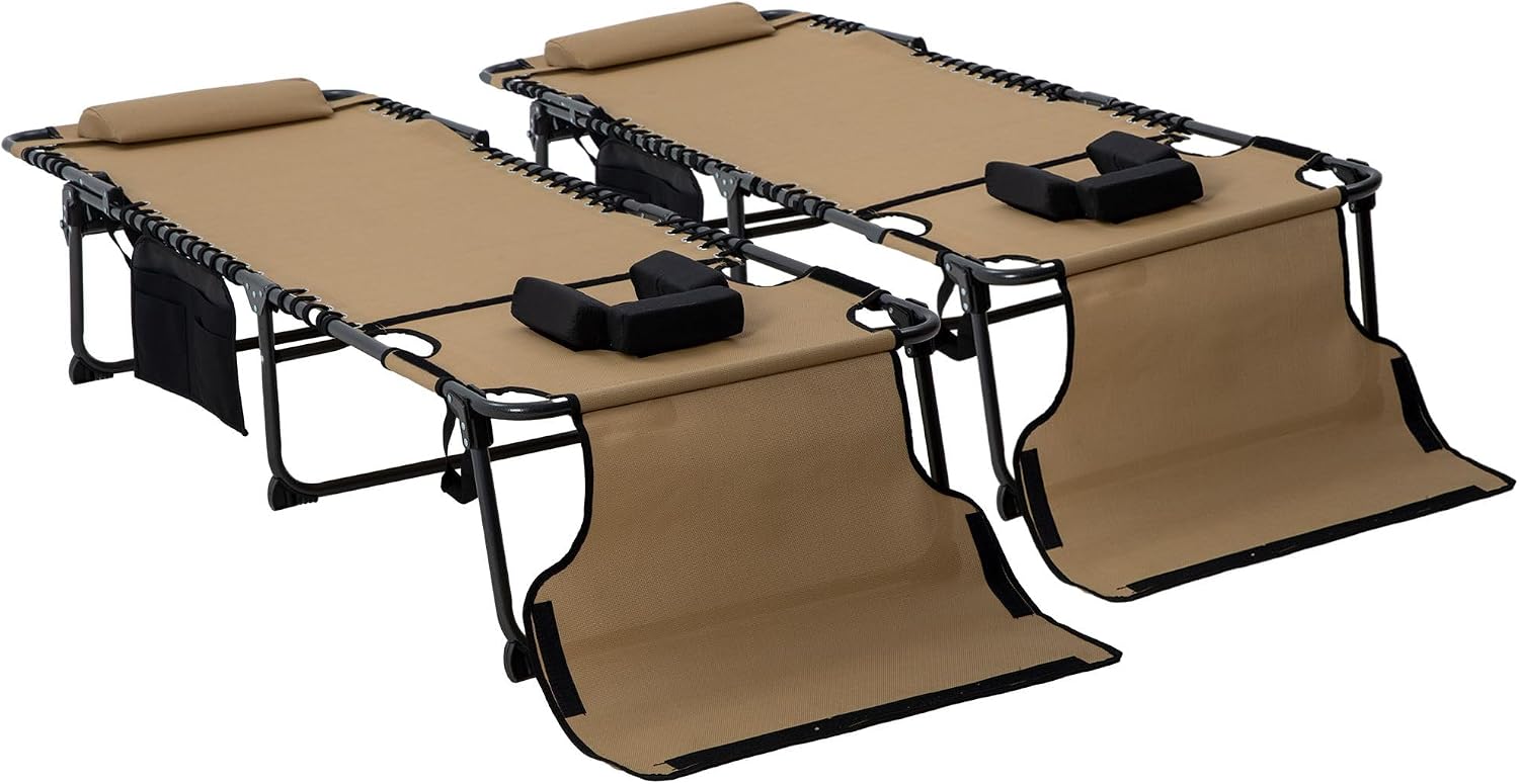 2-Piece Folding Chaise Lounge Chair Set: 5-Position Reclining, Reading Hole, Side Pocket, Beige, Steel FFor rame, 264lb Capacity