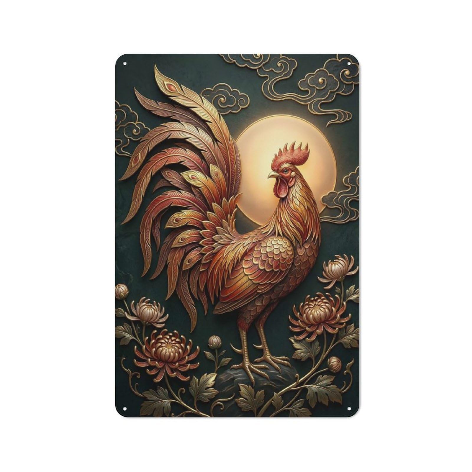 Junmoney Style-21 Metal Plaque 30X20cm With Golden Rooster With Moon And Flowers For Pub Or Café, Vintage Decor, For Metal Sign Collectors, For Vintage Wall Decor Fans