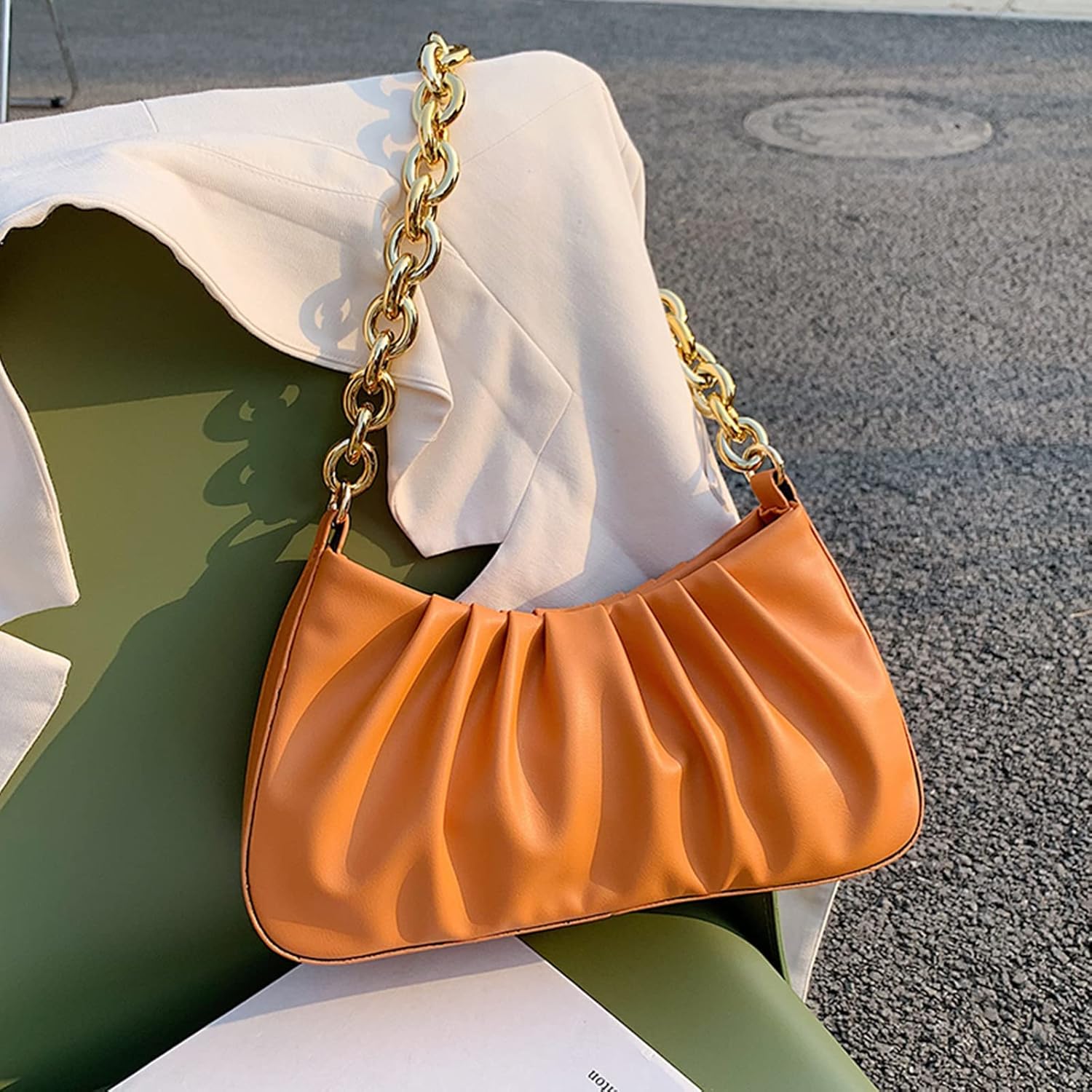 JOLLQUE Shoulder Bag for Women,Small Leather Dumpling Bags Handbag Purse,Gold Chain Evening Clutch Purses