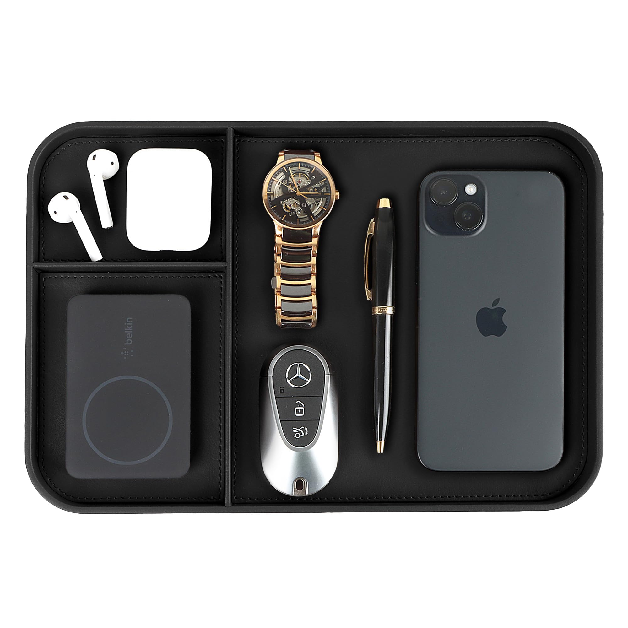 V-CUBE DESIGNS Premium Vegan Leather Valet Tray 30X20.5 cm|Stylish & Modern Office Desk Tray| Table/Bedside/Entryway Organiser For Everyday Essentials Like Keys, Phone, Watch, Wallet, Jewellery-Black-image-18