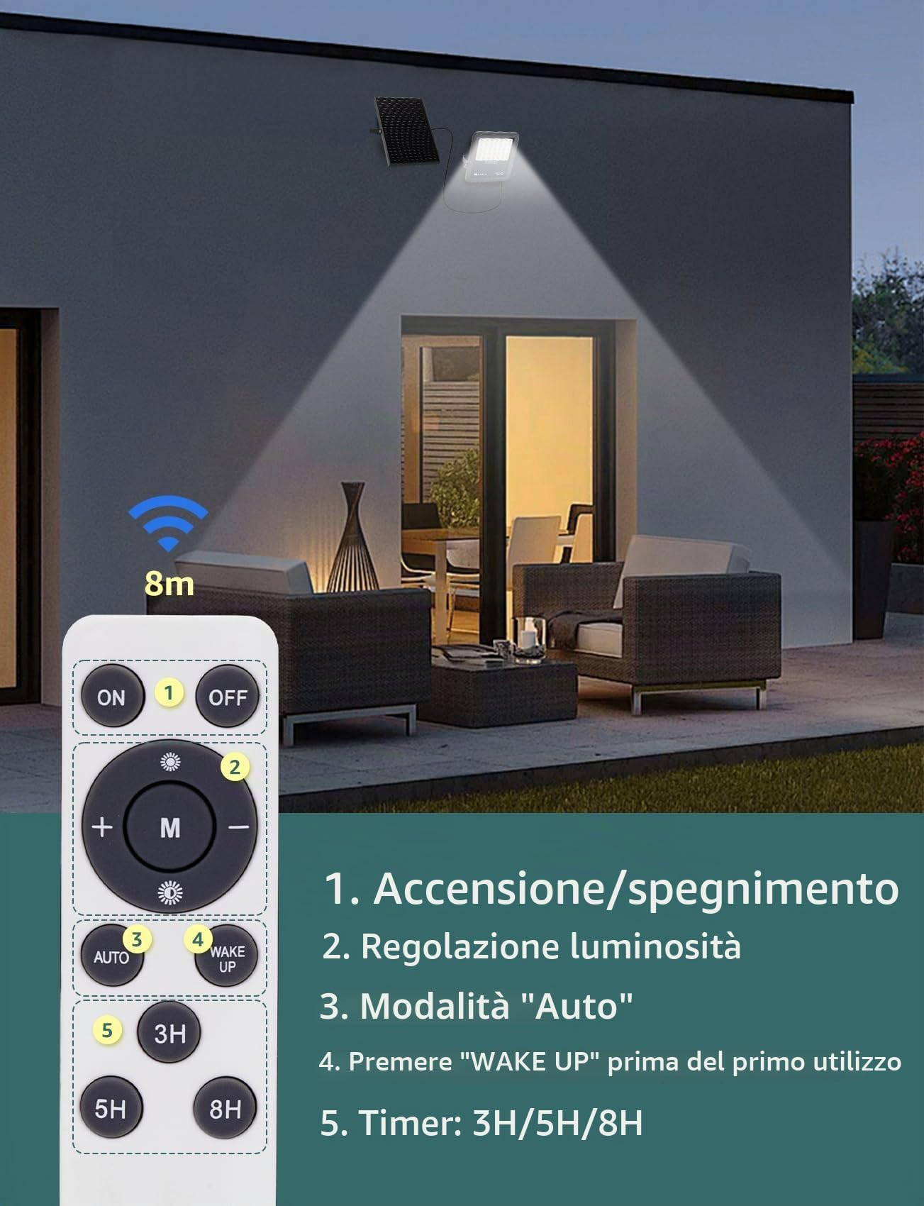 Aigostar faretto Solare con Telecomando 4 pezzi, 200W Faro LED Esterno con Pannello Solare, 2000LM, 6500K Bianco Freddo, IP65 Impermeabile, faretto da Esterno, ottimo per giardini esterni, terrazze
