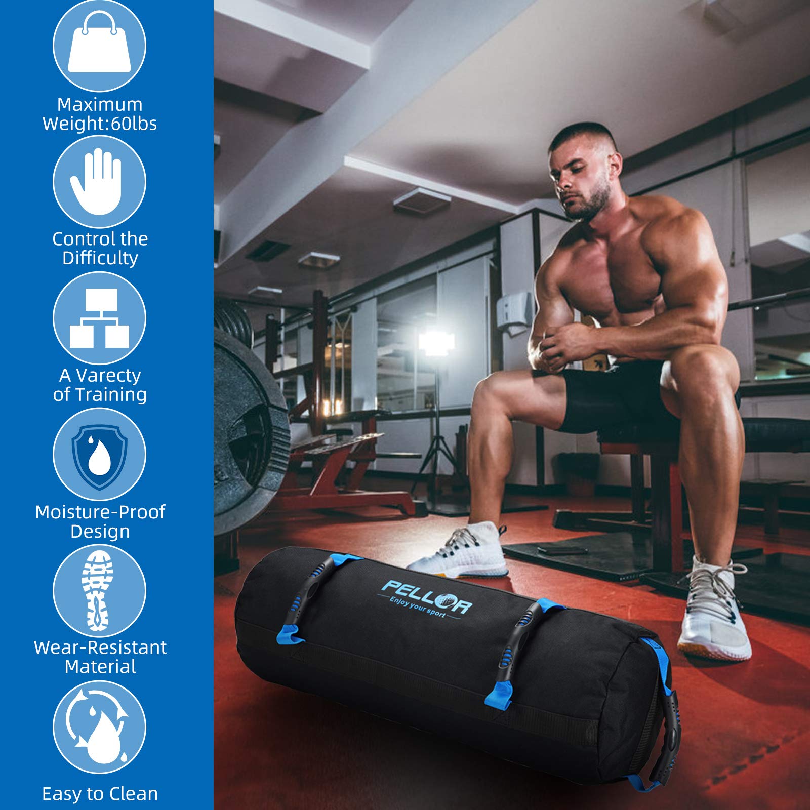 PELLOR Sandbag, Sacchetti di Sabbia Regolabili da 4.5-27kg, Power Bag Sacca per Pesi con Sacche Interne per Esercizi di Allenamento a intensità Funzionale