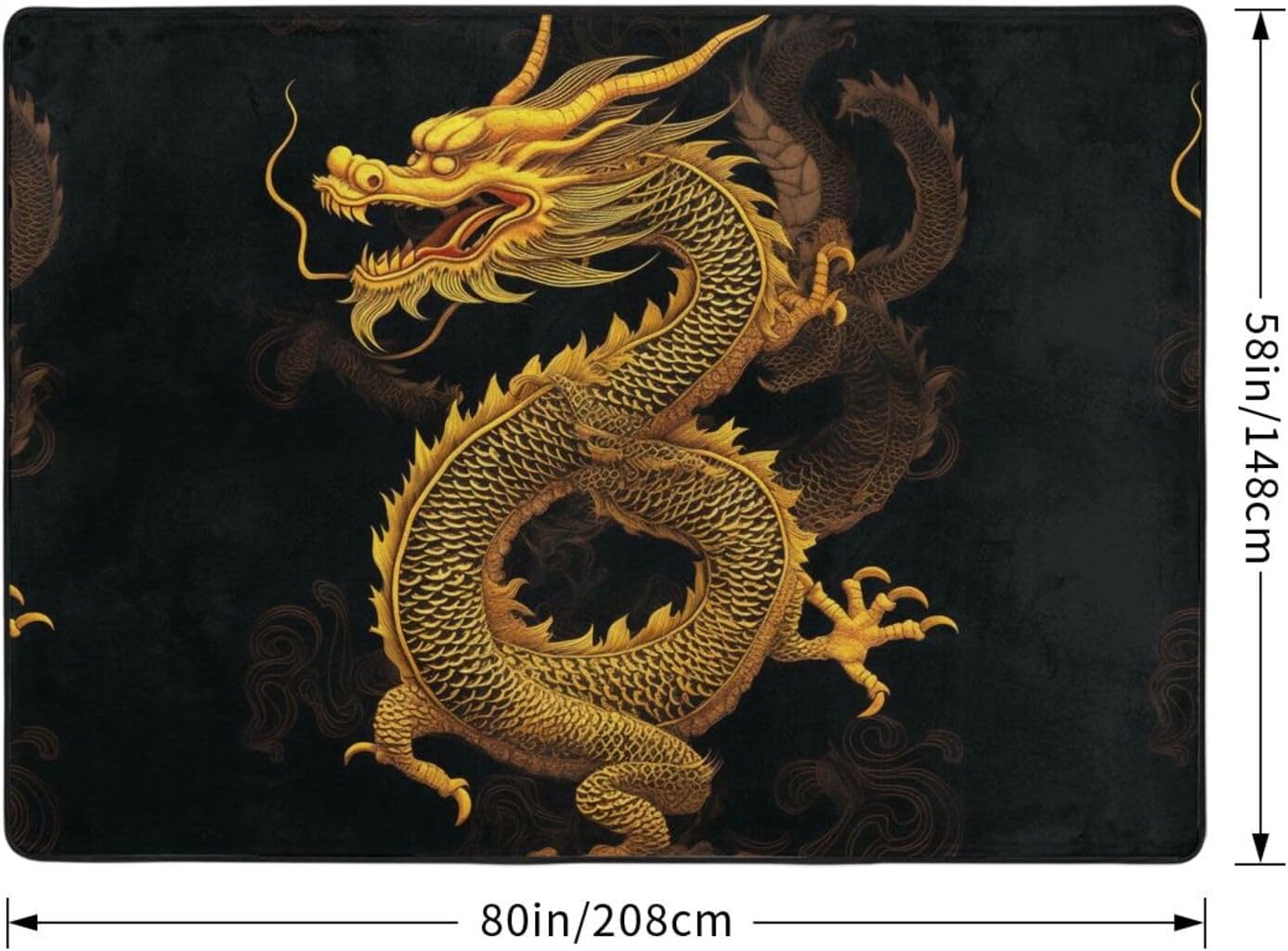 Flannel Non-Slip (Chinese Golden Yellow Dragon) Rug Pad 80×50in Soft Washable Protective for Hardwood Floors Bedroom Bathroom Living Room