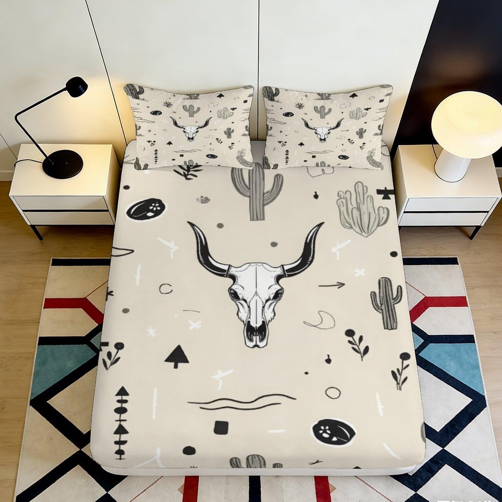 3D Printed Western Skull Fitted Sheet Microfiber Soft Breathable Cactus Bed Cover for Bedroom Dormitory Guest Room Mattress Protection Décor 160x200x25cm