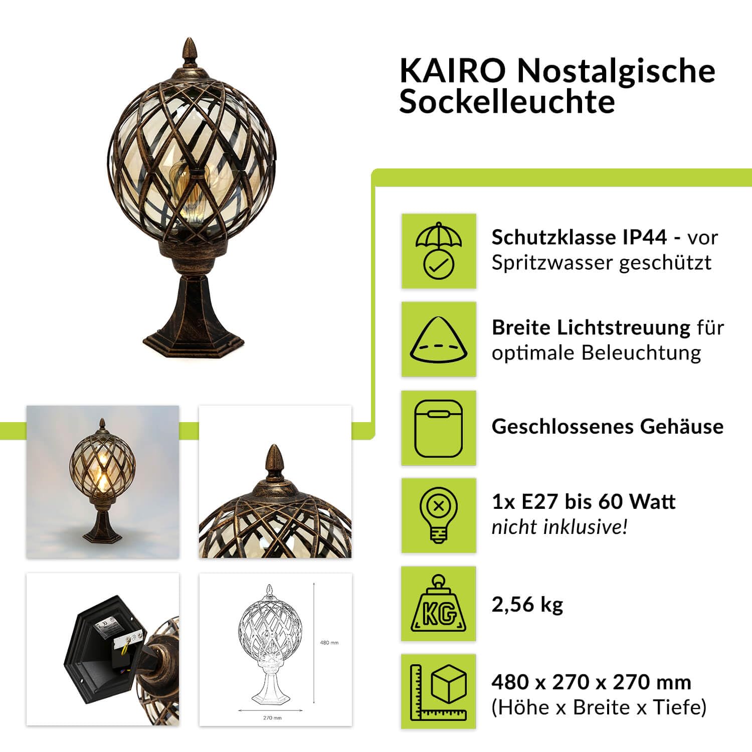 Easylight Sockelleuchte Metall Kunstglas in Kupfer Antik IP44 Garten H:48 cm E27 max. 60 W klein nostalgisch Rustikale Außenleuchte Weg KAIRO
