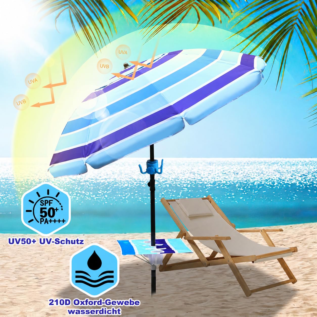 Ombrellone da spiaggia, Ø 213 cm, UV50 +, coefficiente di protezione solare, con tavolo e gancio e borsa per il trasporto, angolo di inclinazione e altezza regolabili, antivento, durevole, non