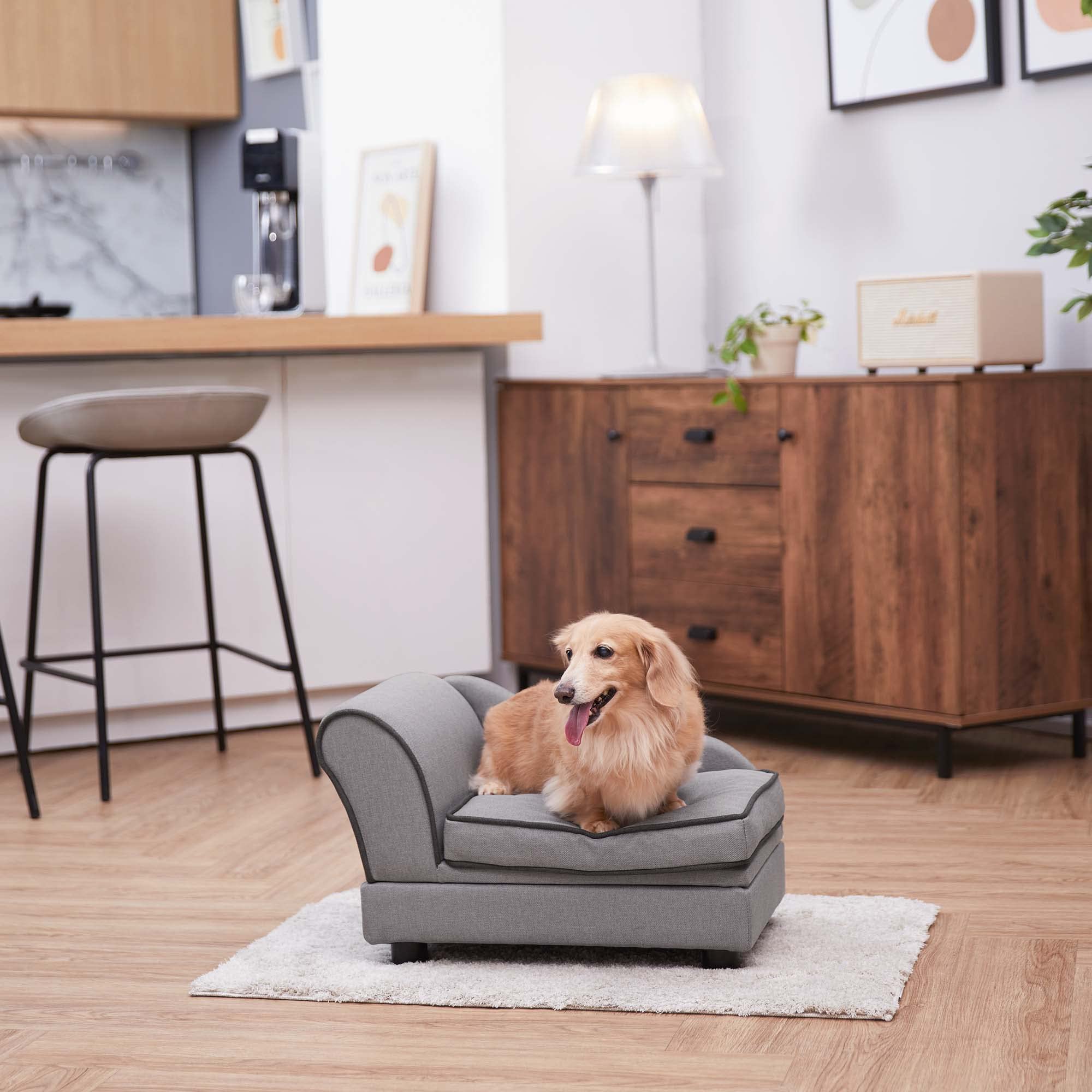 sideboard with dog bed underneath