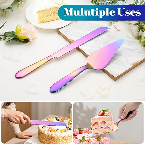 Vista 25 de Juego de cuchillo y servidor para pastel de boda, cortador integral de pastel más largo de acero inoxidable y espátula de pastel más ancha, elegante