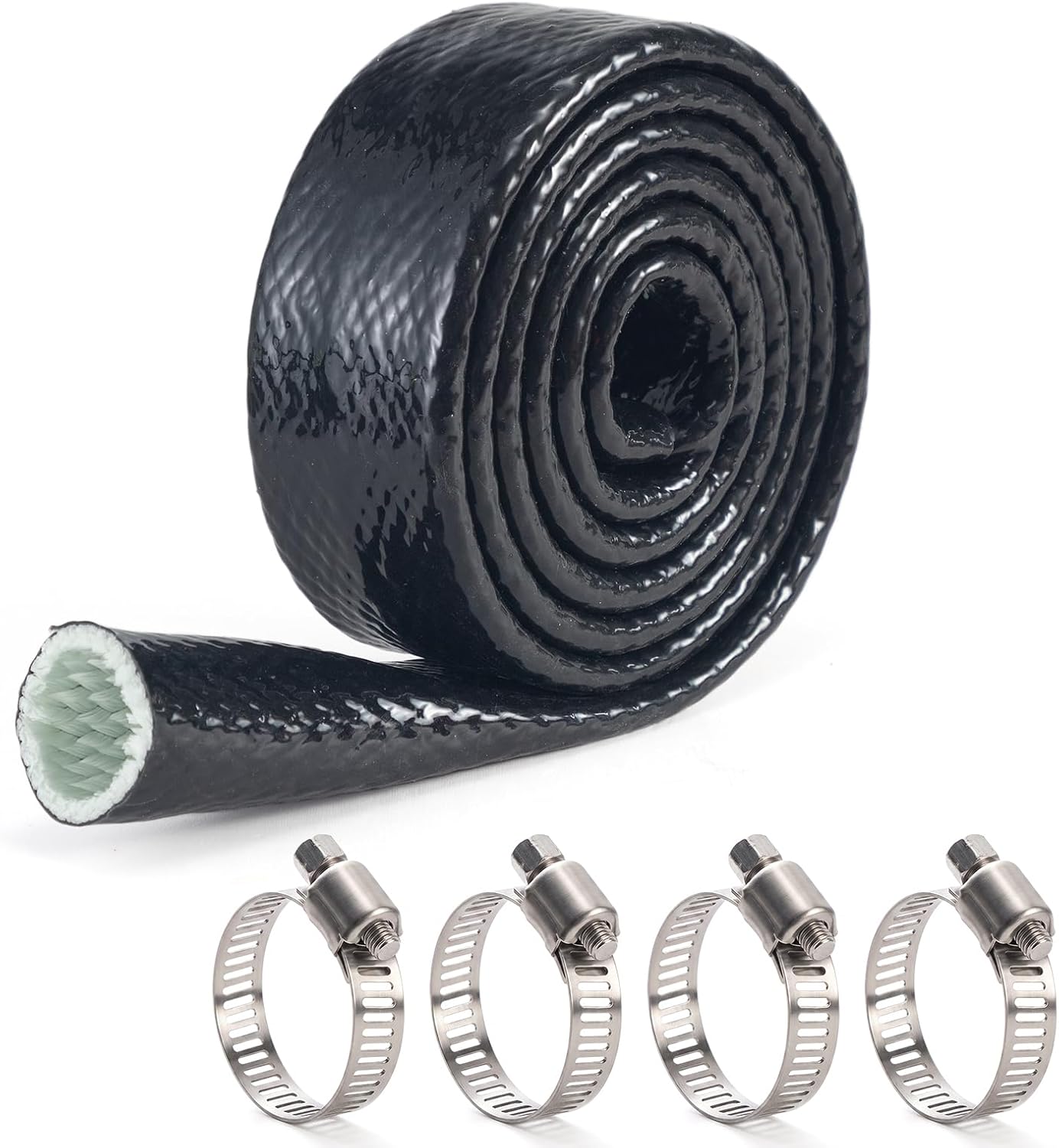 1/2" ID x 5FT Black Silicone Coated Fiberglass Fire Sleeve, Heat Resistant Insulation Sleeve for Industrial Pipe, Hydraulic Hose & Wiring Loom Protection (4 Hose Clamps Included)
