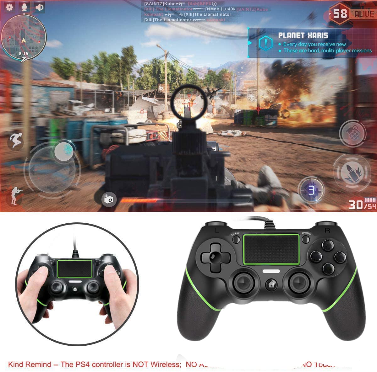 Intckwan Wired Game Controller für PS-4 / Pro/Slim/Laptop/PC(Win7/8/10), USB-Stecker Gamepad Joystick mit Vibration und Anti-Rutsch-Griff, Ergonomie, 2M Kabel, Schwarz, grün