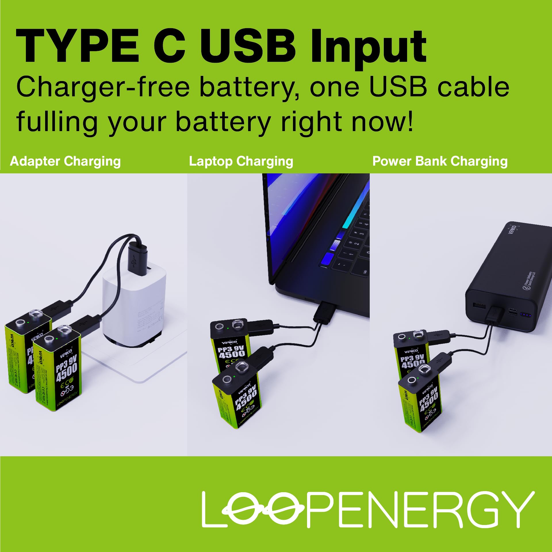 VERICO LoopEnergy - Confezione da 4 blocchi da 9 V, PP3, 4500 mWh, batterie ricaricabili USB-C agli ioni di litio, 2 cavi di ricarica USB tipo A a 2 tipi C