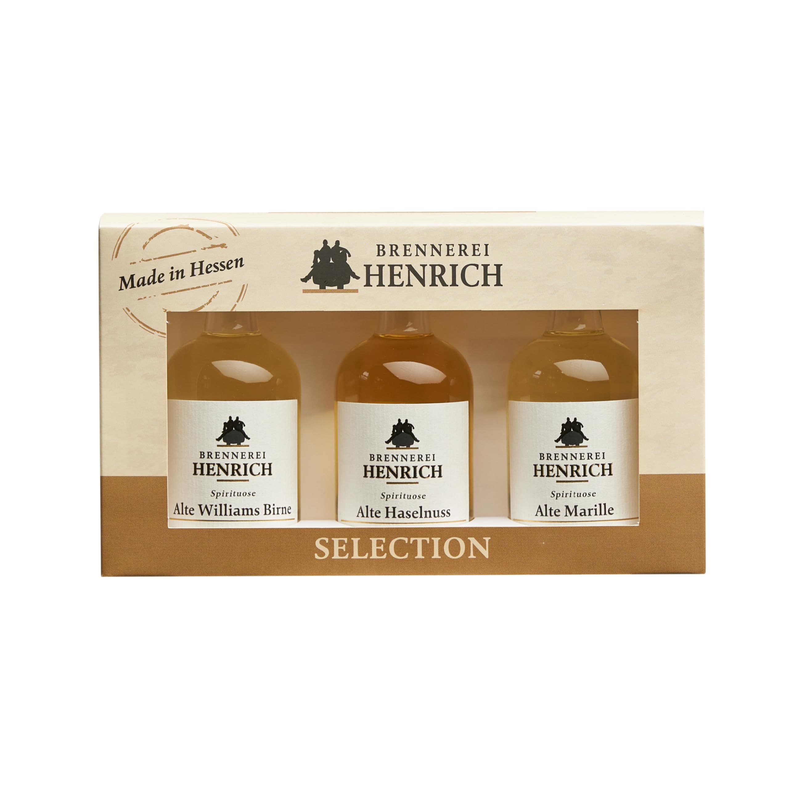 3er Geschenk-Set - Alte Williams, Alte Marille, Alte Haselnuss - 3 x 50ml Miniaturen - Probierset - Tasting-Set - Geschenkbox - Obstschnaps - Spirituose - 38% vol - Brennerei Henrich