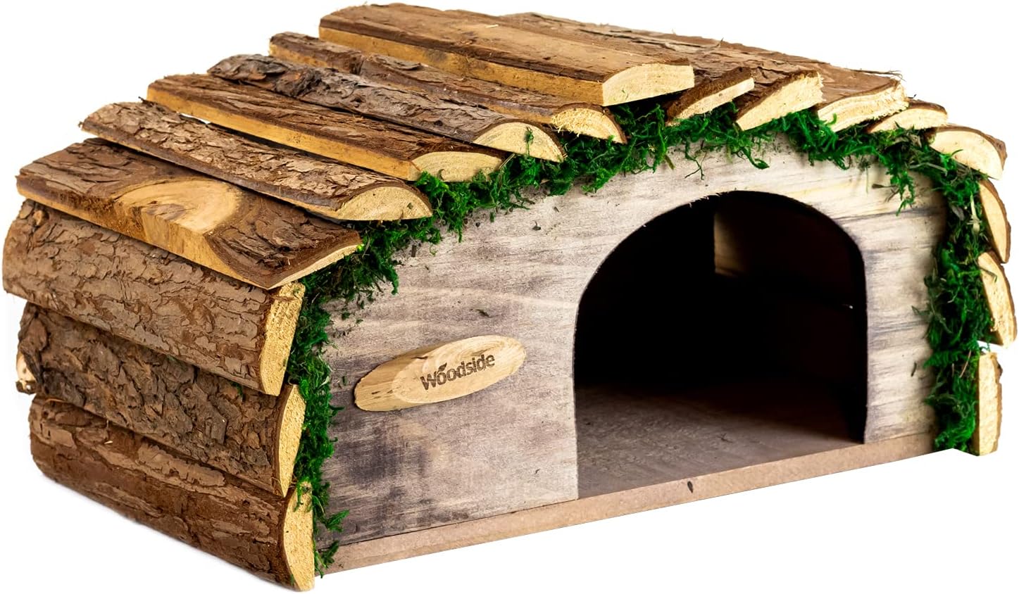 Woodside Hedgehog House & Hibernation Shelter with Bark Roof, Safe & Secure Predator Proof Outdoor Habitat/Feeding Station