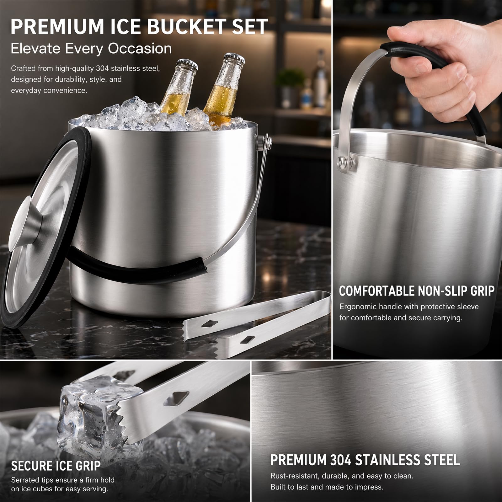 2L Eiswürfelbehälter, Edelstahl Eiskübel mit Deckel, Sieb und Eiszange, Doppelwandiger Isolierter Eiseimer zum Kühlen von Bier, Champagner, Wein, Getränken für Party, Bar, Zuhause