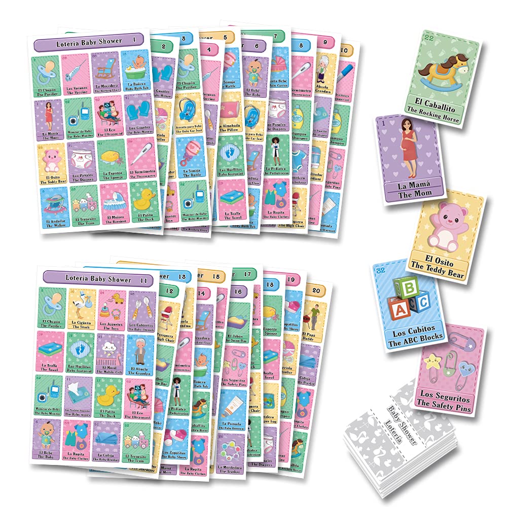 MoreFiestaBaby Shower Loteria Bingo Bilingual - English Spanish, for 20 Players