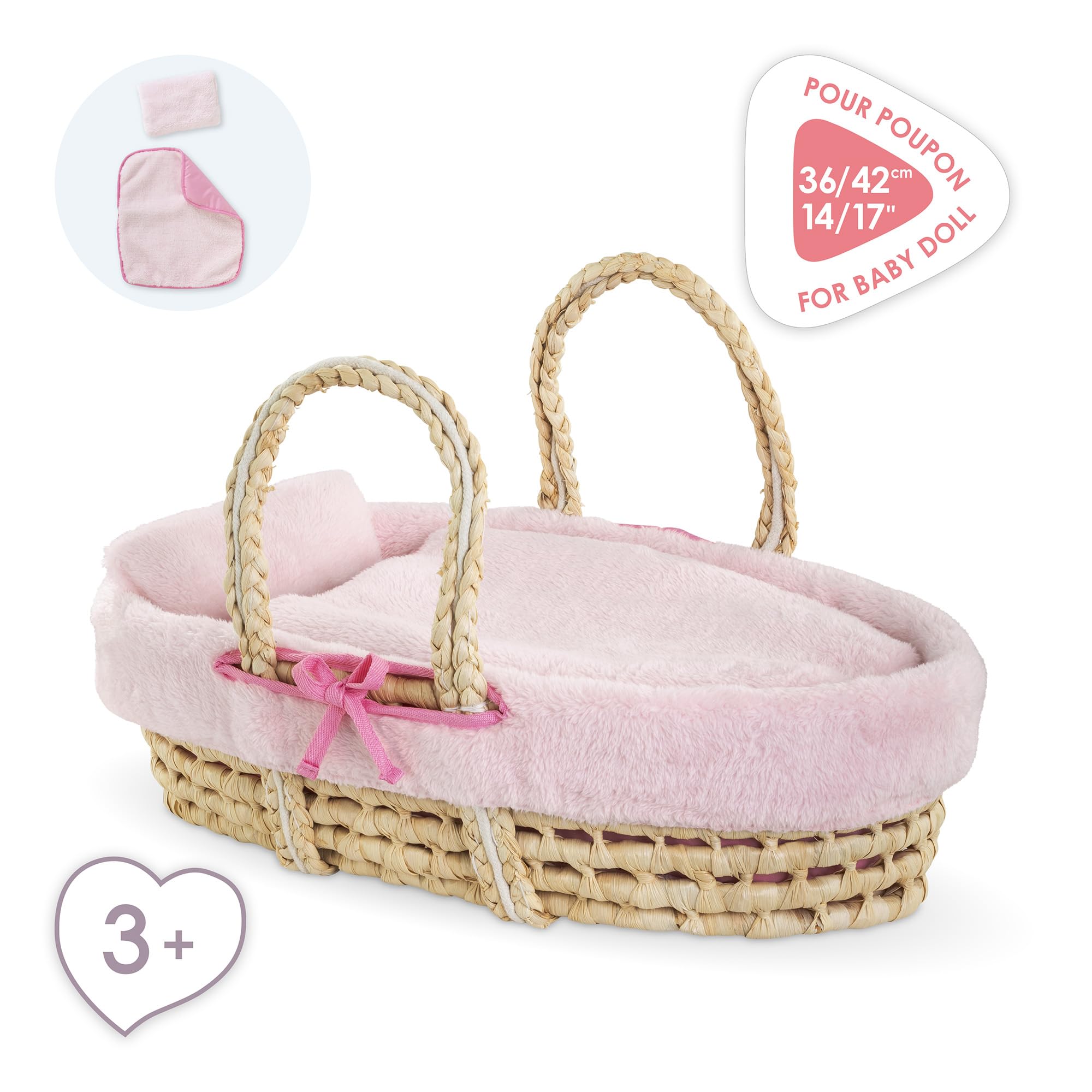 Corolle - Ensemble Couffin Peluche Rose, Accessoire, pour Poupons 36 et 42cm, dès 3 Ans, 9000141850