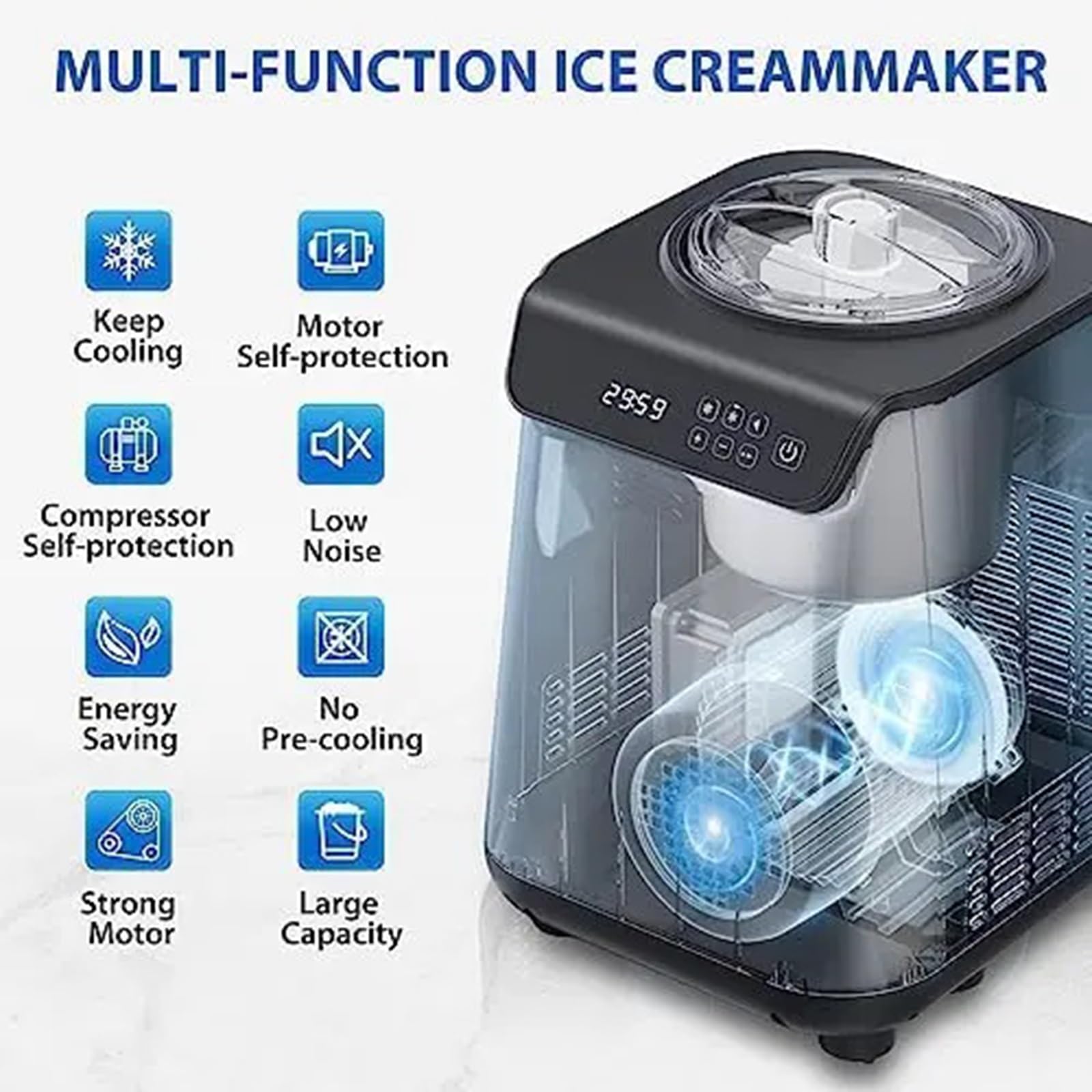 Macht schnell Vollautomatische Eismaschine mit integriertem Kompressor, Fruchtjoghurtmaschine, Vorgefrieren ist nicht erforderlich, abnehmbare Eisschüssel Gefrorenes Dessert