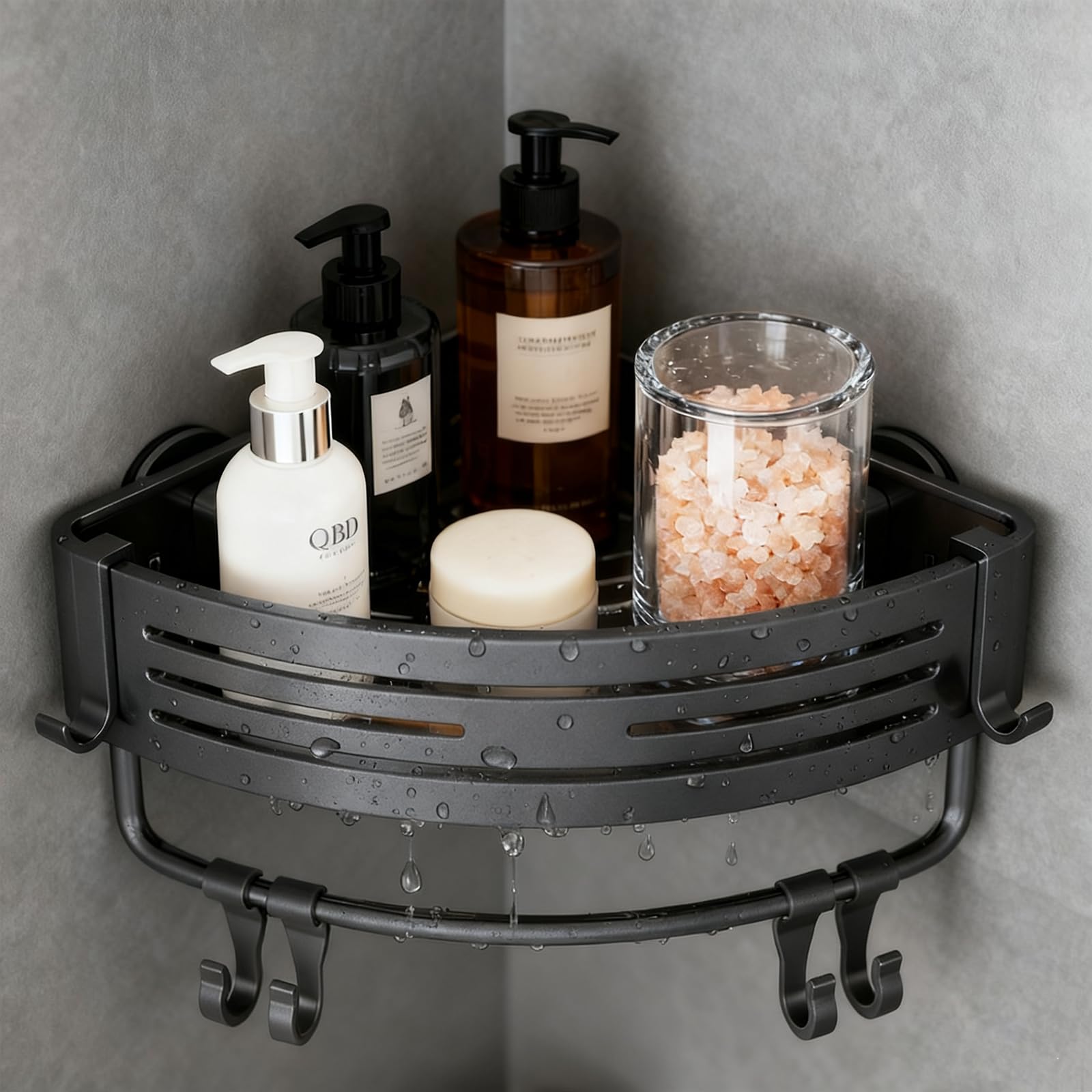 Nbippiooiwip Rustproof Aluminum Corner Shower Caddy Press-to-Install Triangle Shelf with Hooks Suction Bathroom Shower Organizer Shampoo Holder for
