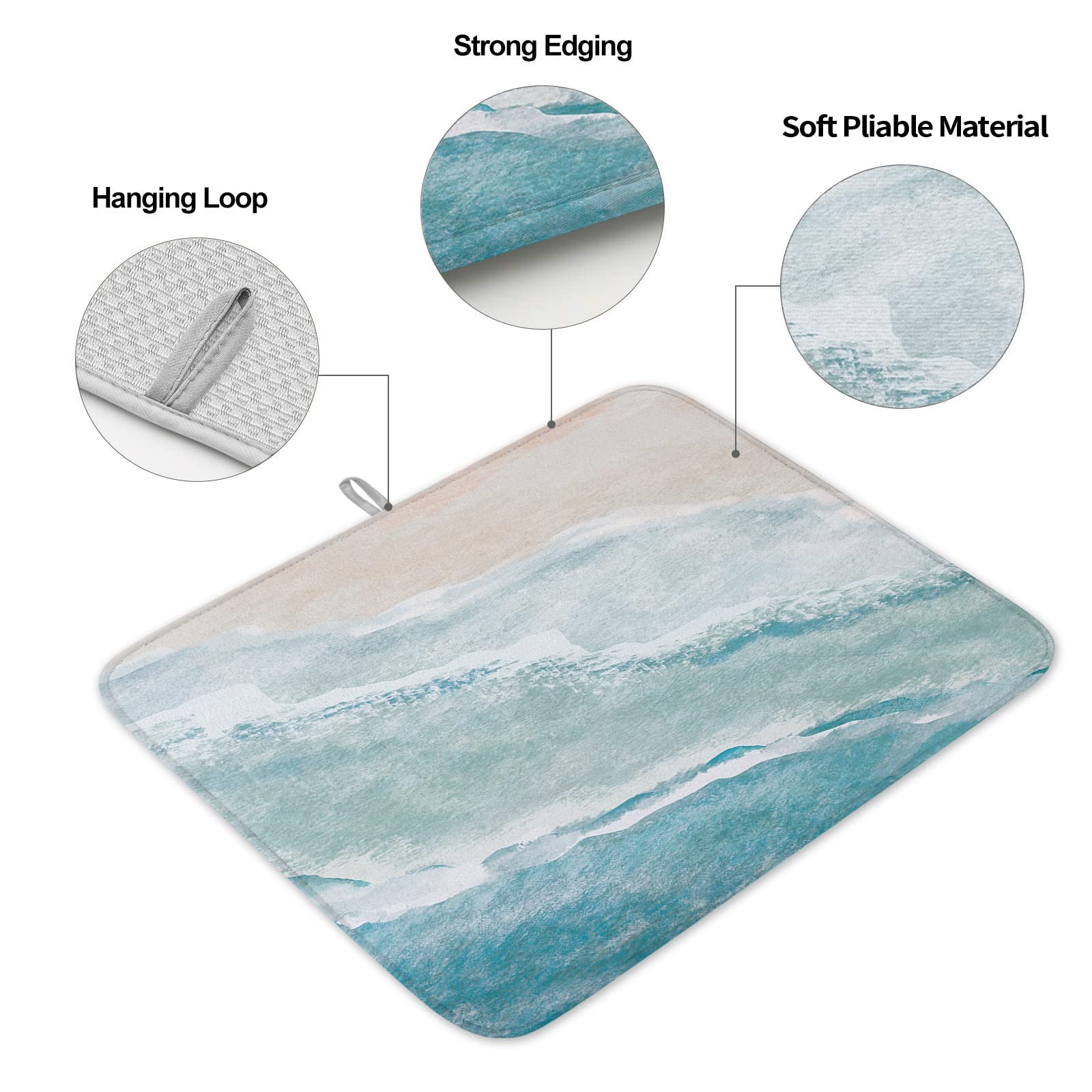 Summer Beach Dish Drying Mat for Kitchen Counter, Aqua Sea Waves Coastal Kitchen Mat, Ocean Nautical Baby Bottle Microfiber Drying Pad, Absorbent Coffee Cup Dishes Drainer 16
