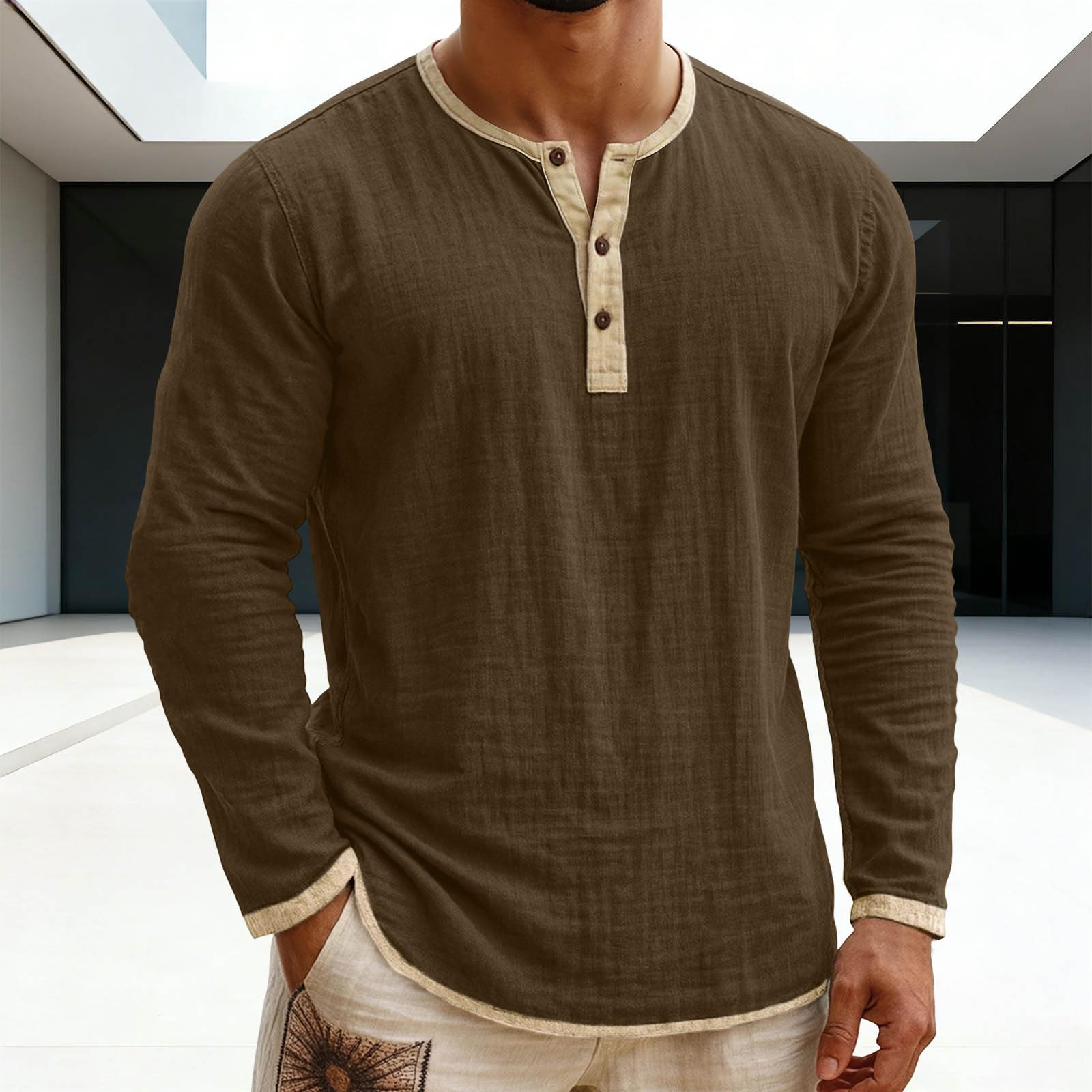 Chemise Homme Coton et Lin Été Sport Manches Longues Tee Shirt Décontracté Col Rond Boutonnée T-Shirts Respirant Grande Taille Top Quotidien Extérieure Mode Habit Fitness Haut