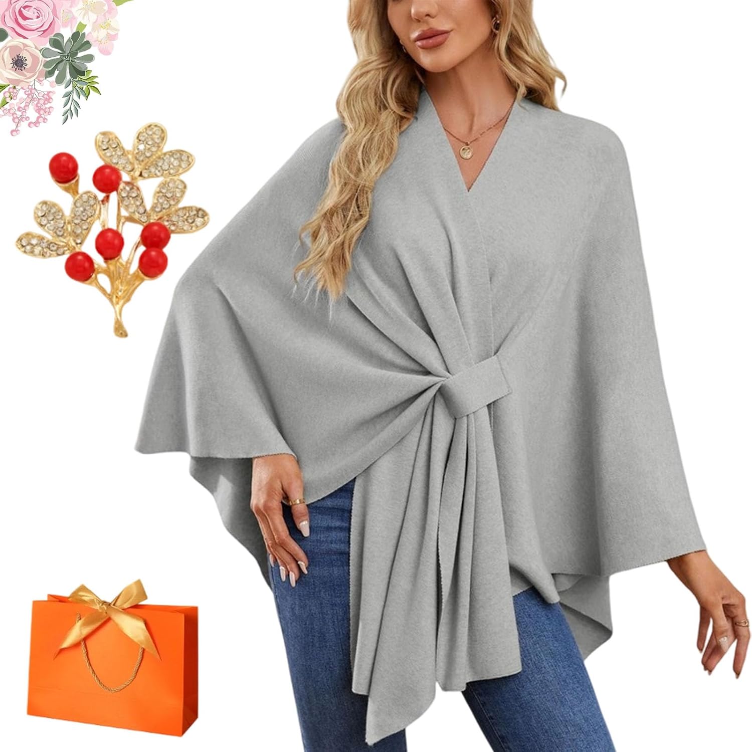 LONGLUAN 2025 Fall Elegant Solid Color Cape Shawl, Convenientto Cape Shawl Wraps for Women Soft Open Front Poncho Sweater