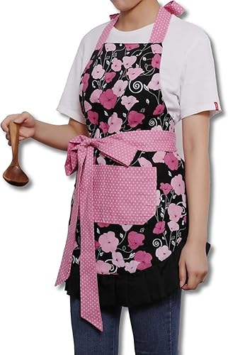 Miniatura 2 de Xiabing Delantal floral de algodón para mujer con bolsillos, lazos largos ajustables para cocina, hornear y jardinería