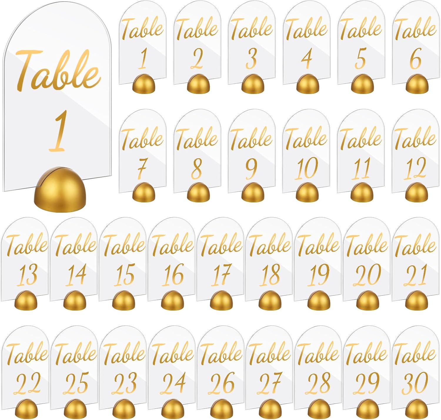 AceOrbit 30 Pack Gold Acrylic Wedding Table Numbers 1-30 with Stands 4 x 6 Inch Acrylic Table Signs with Gold Round Card Holder Wedding Seating Chart for Reception Decorations Event Party (Arch)