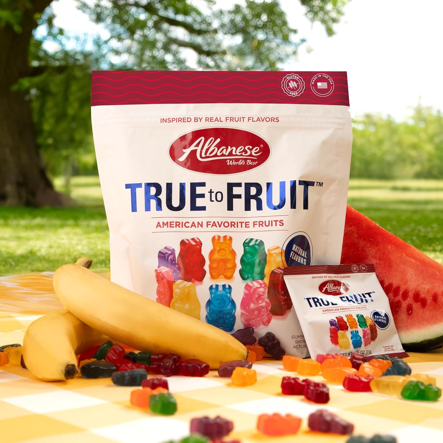 Albanese World's Best True to Fruit - Exotic Fruits Gummies (25oz Bag of Candy) & American Favorite Fruits Gummies (25oz Bag of Candy), Bundle Pack