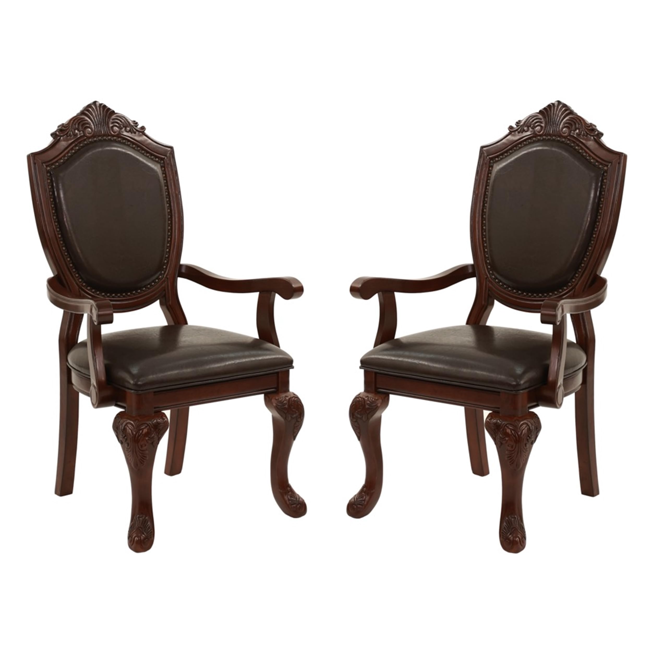 Dining Chair– Antique Style Leather Dining Room Chairs with Solid Wood Legs and Rivet Decor, Ideal for Kitchen, Bedroom, Living Room (Brown Armrest)