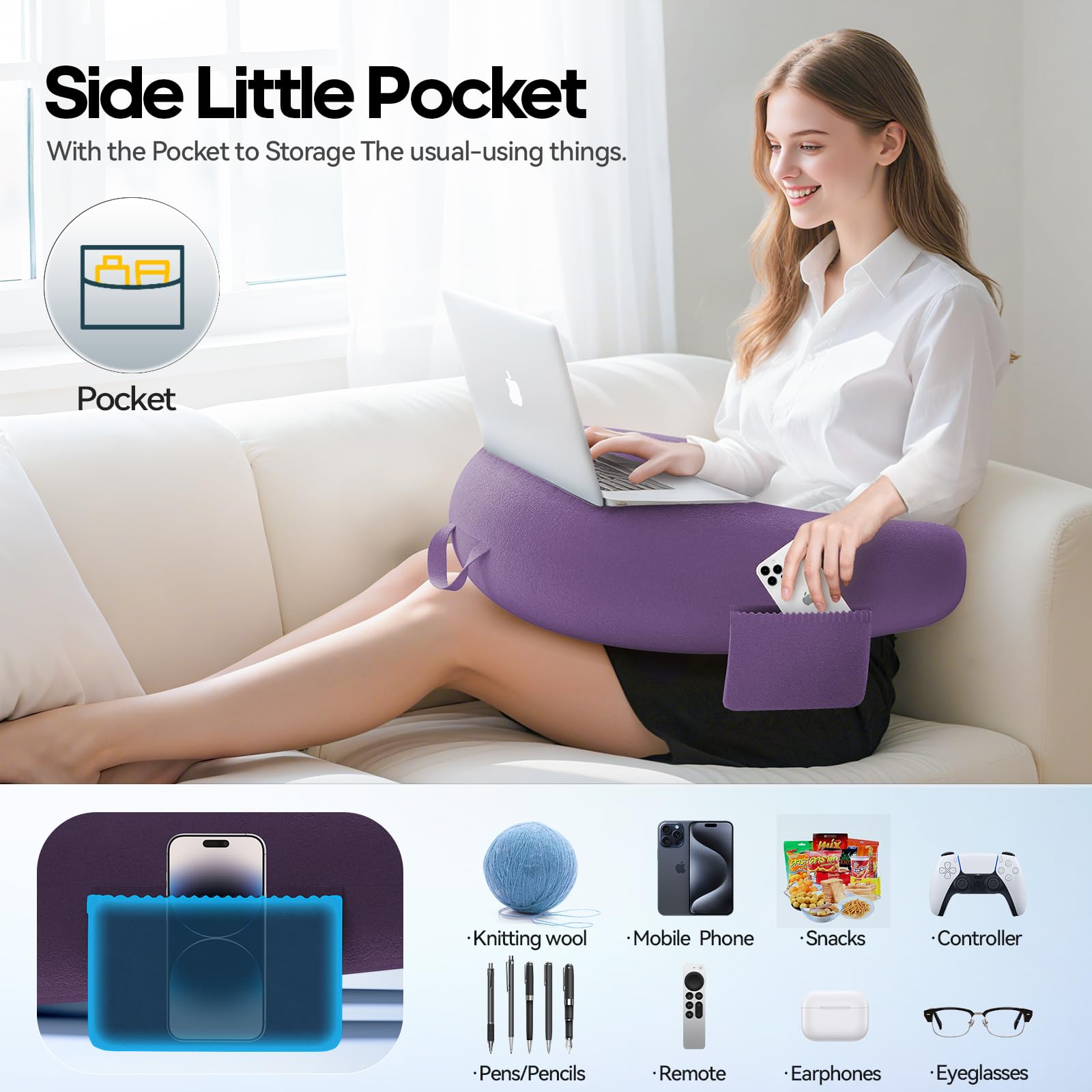 Gaming Kissen & Lesekissen, Reading Pillow für das Sitzen auf dem Bett/Sofa/Fußboden, Fütterungs/Häkelkissen mit großer & Ergonomic Gaming Pillow, Gamer Kissen für Ipad/Laptop - Lila