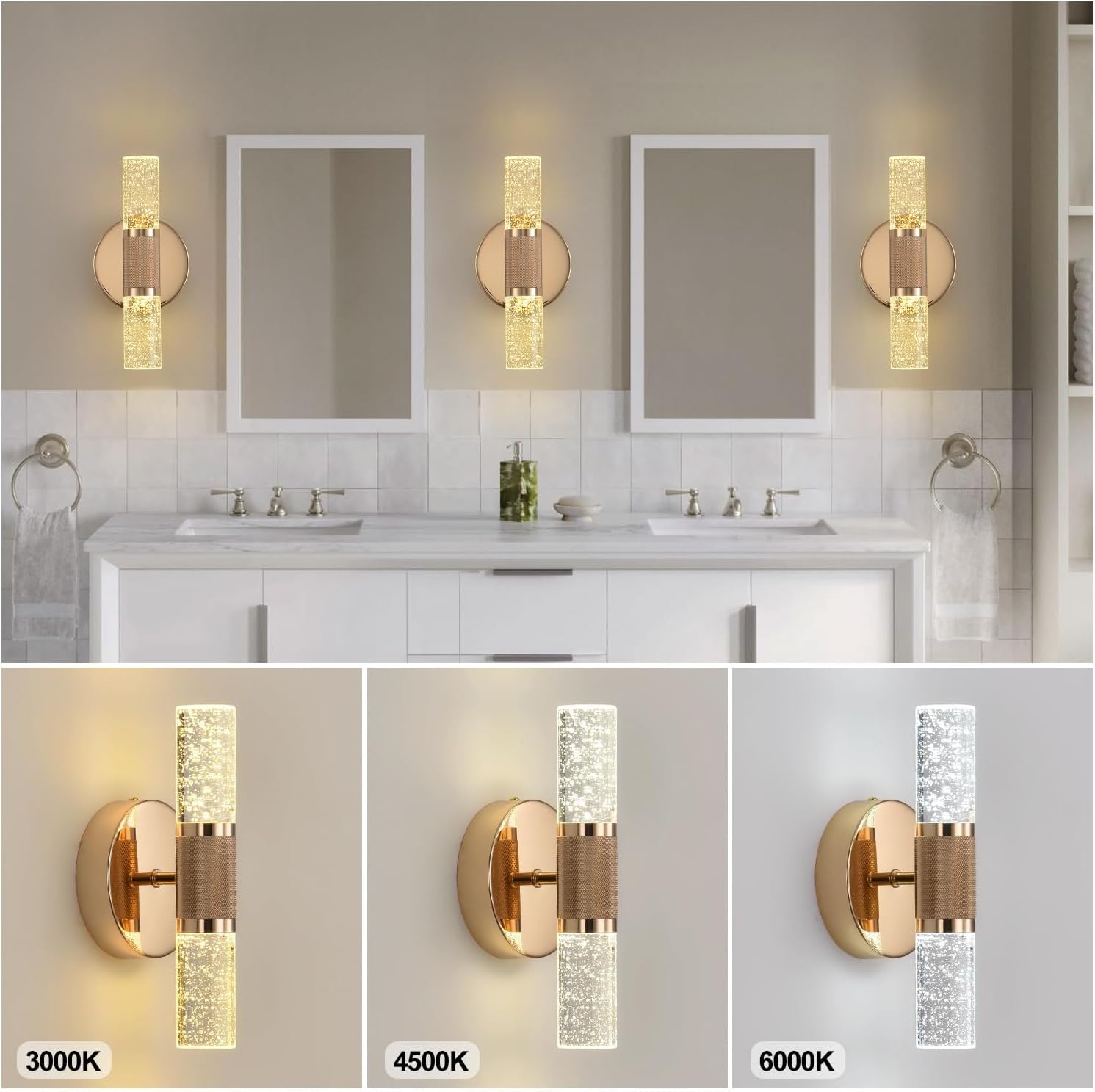 Gold Crystal Wall Sconces Set of 2, 10W LED Bubble Glass Bathroom Vanity Lights with Adjustable Color Temperature, 9.8" Indoor Wall Lighting for Bathroom, Hallway & Bedroom