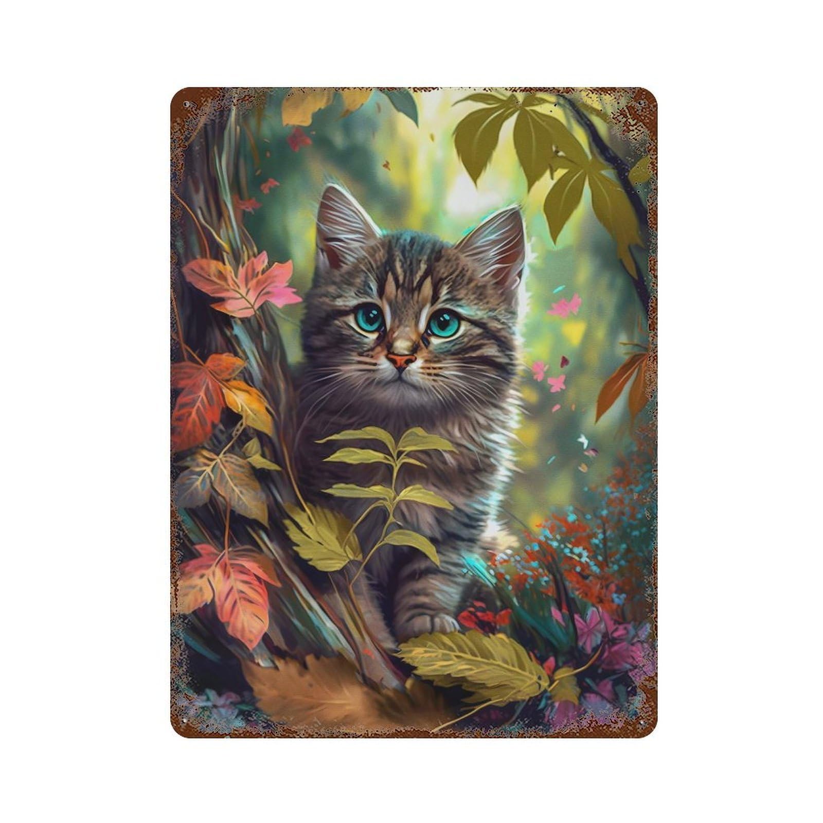 Rust Effect Cute Kitten Rusty Metal Tin Sign 15.7"x11.8", Old School Wall Decor for Basement, Hobby Room And Garage Decor