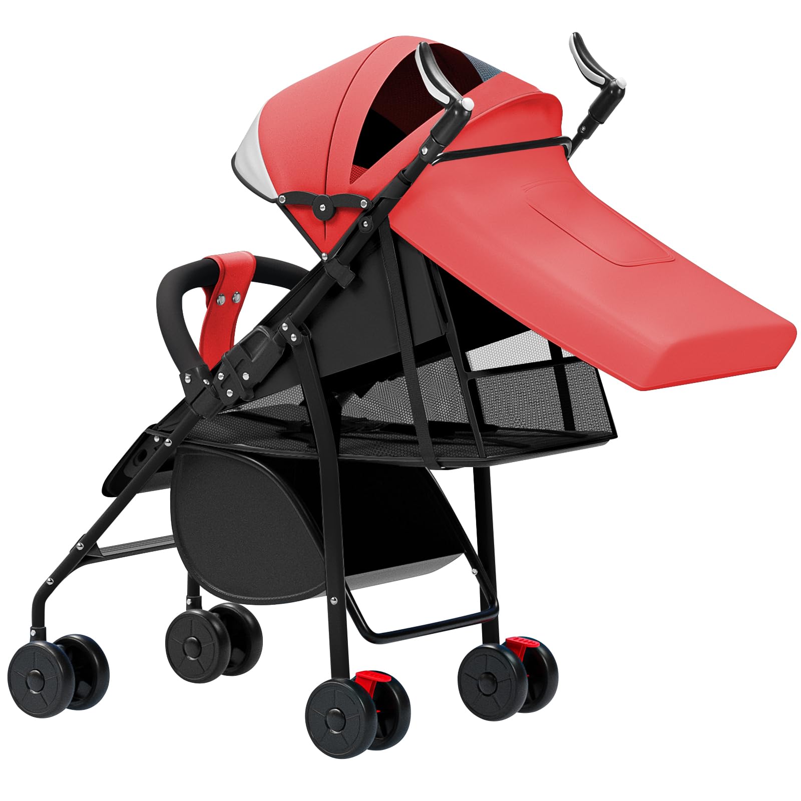 WODFARR Kompakter Buggy, Liegeposition, 0-4 Jahre, 25 kg, 4 Räder, Baumwollmatte + Moskitonetz (A, Rot)