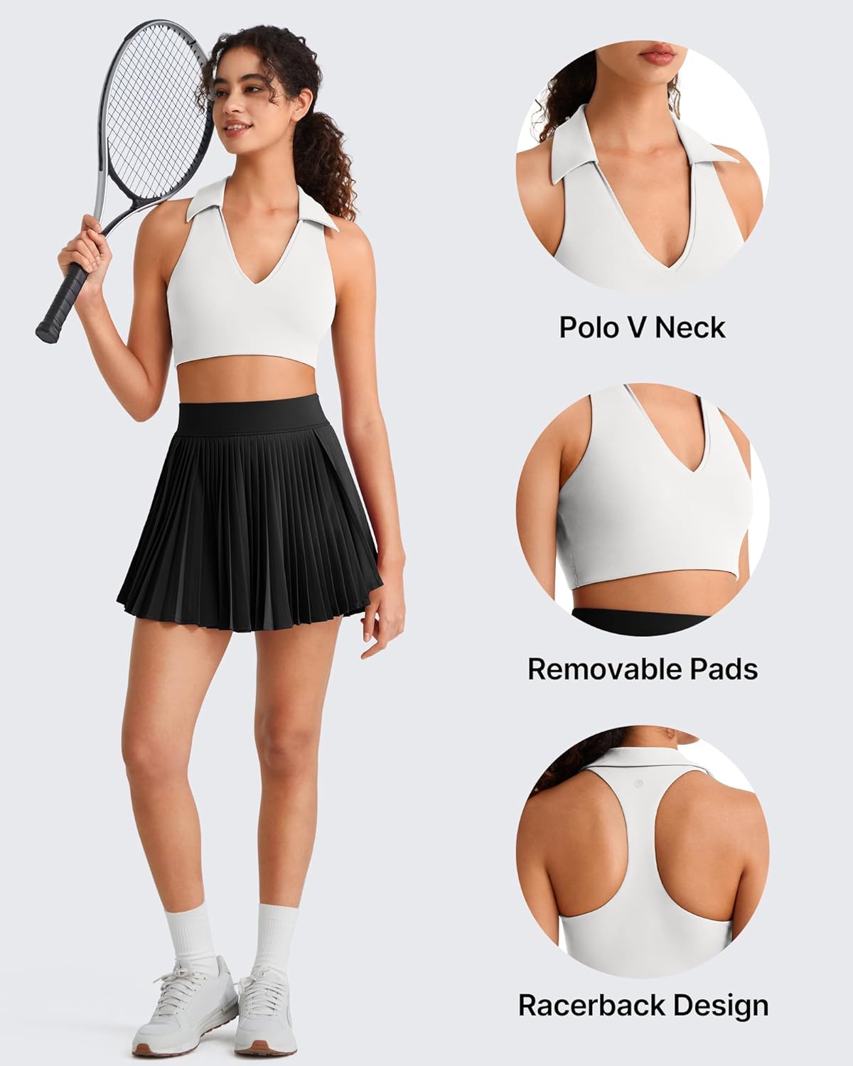 G4Free BareFeel V Neck Sports Bra for Women - Padded Collared Racerback Tennis Workout Tank Tops